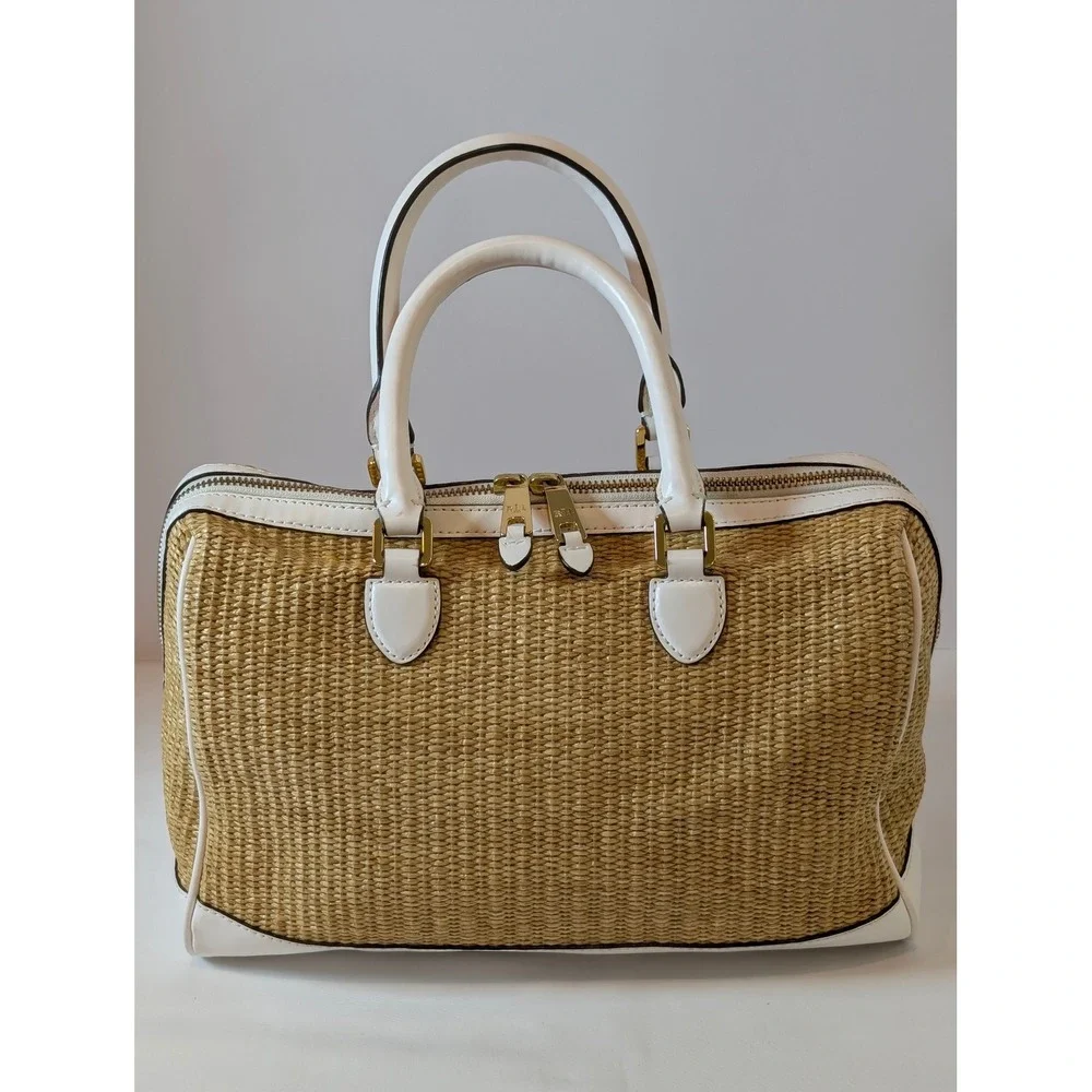 Lauren Ralph Lauren Straw Woven Satchel Bag White Leather Trim Gold Hardware